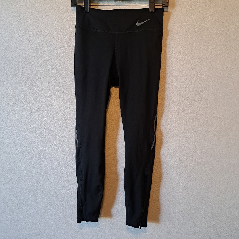Nike Womens Black Running Leggings Reflective Tights Ankle Zip Back Pocket S